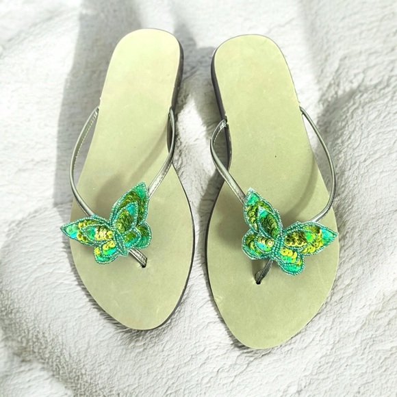 Y2K Green Butterfly Embellished sequins Women's Sandals Fairycore Cottagecore 10 - Picture 1 of 7